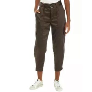 Cupio Dark Brown Satin Polyester Stretch Belted Cropped Cargo Pants Size XL